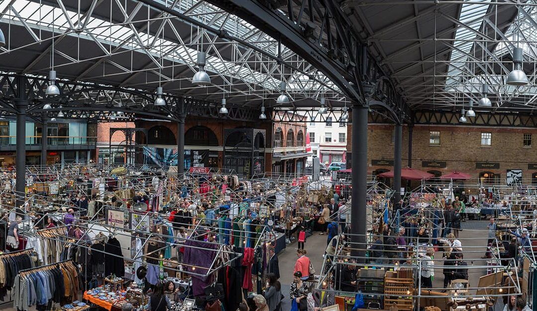 Aerial view of small business owners inside Spitalfields market, London