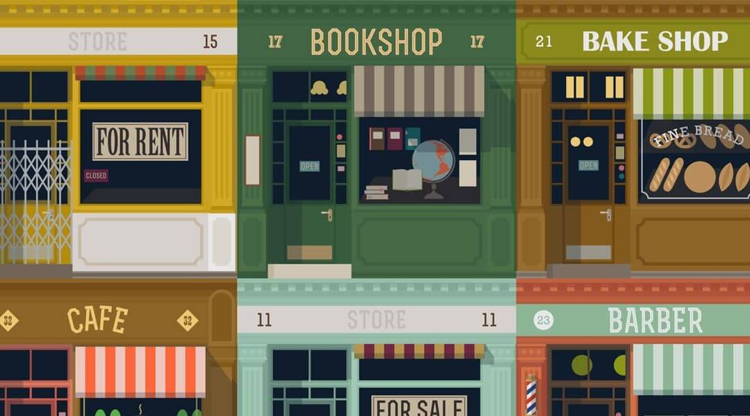 Supporting Small Business Saturday - illustrations of multicolored shop fronts image