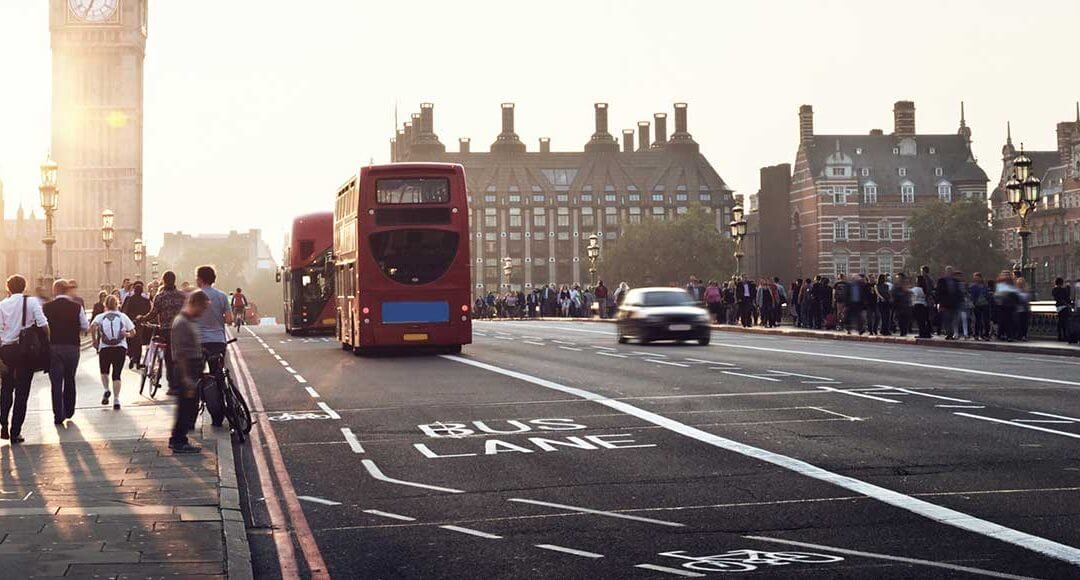 Uber: Good or Bad? We asked London’s Startups image - london with bus, pedestrians and car